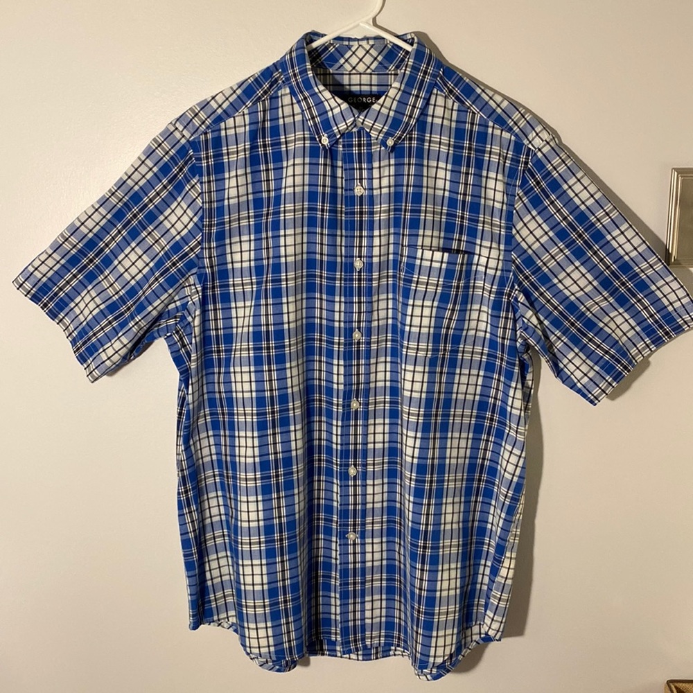 George Men's Large Blue Plaid Short Sleeve Button Down Shirt Business Casual